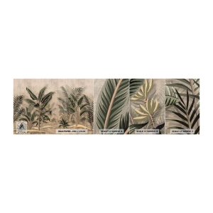 Mostră tapet Premium Canvas - Gravură în stil colonial - Padure tropicala, Palmier de nuca de cocos, Bananer - 100x30 cm