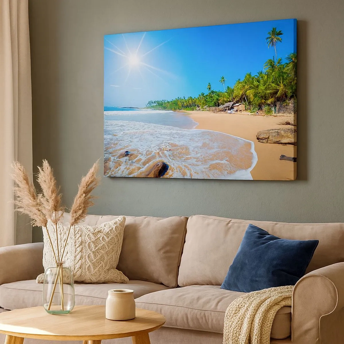 Tablou pe pânză Canvas - Plajă tropicală cu palmieri și cer albastru - 70x50cm - Un loc exotic pentru tine - Decorațiune modernă pentru perete pentru living și dormitor ARTTOR
