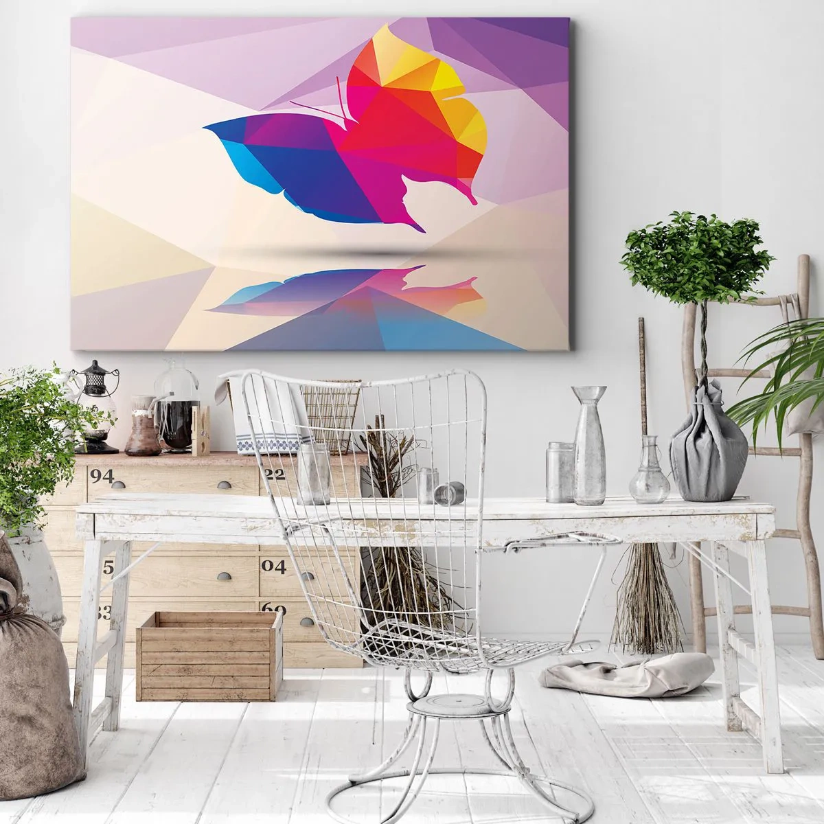 Tablou pe pânză Canvas - Siluetă geometrică de fluture în culori vibrante - 70x50cm - Curcubeu de fluture - Decorațiune modernă pentru perete pentru living și dormitor ARTTOR