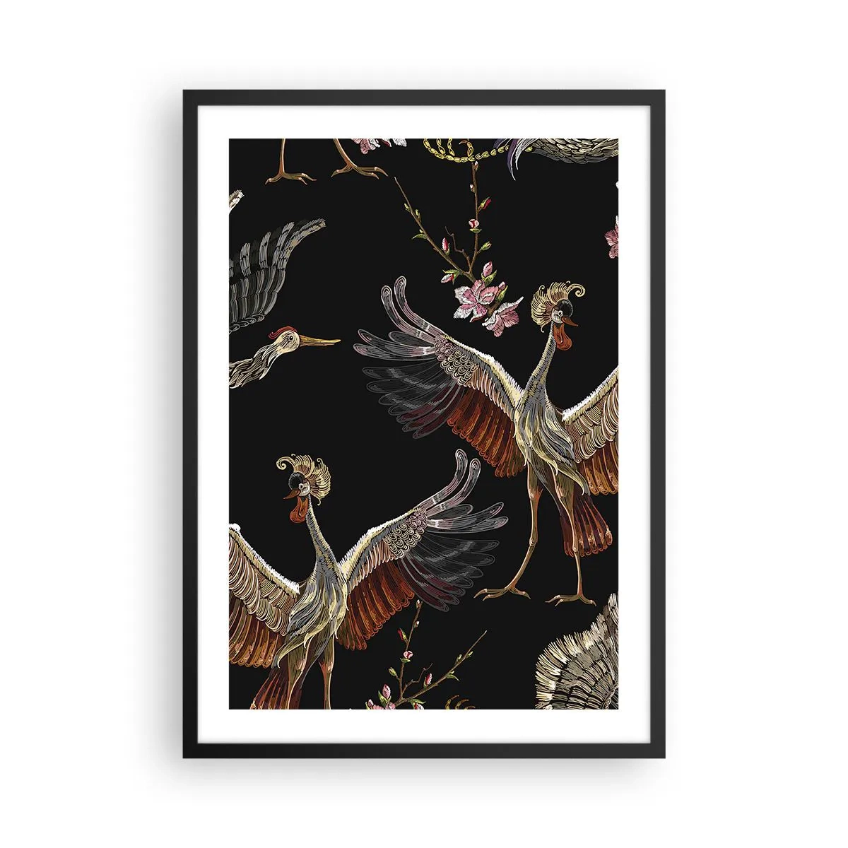 Poster în ramă neagră - Cocoari eleganți printre flori pe fundal negru, în stil oriental. - 50x70cm - Pasăre de basm - Decorațiune modernă pentru perete pentru living și dormitor ARTTOR