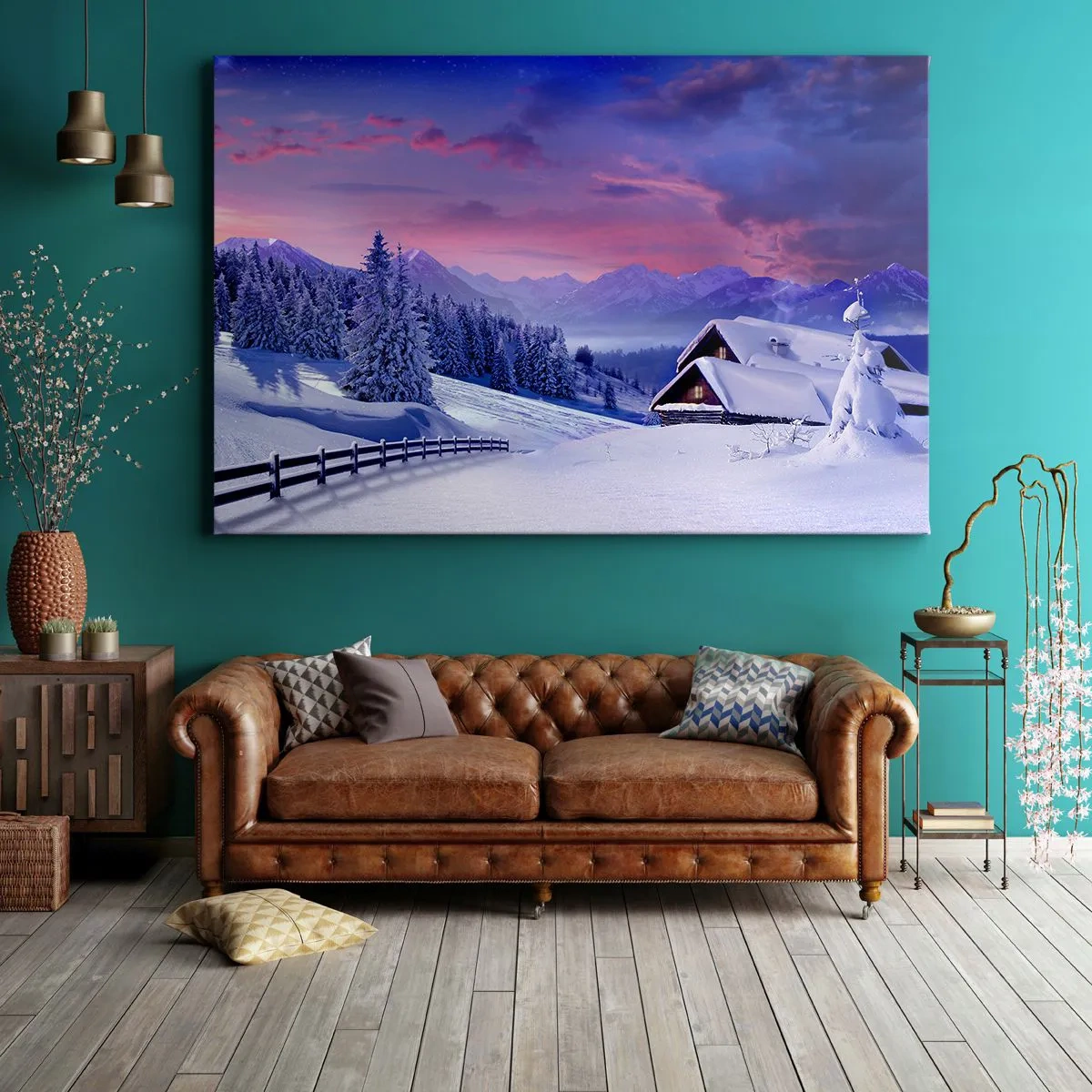 Tablou pe pânză Canvas - Peisaj de iarnă cu cabane de munte la apus - 70x50cm - Noapte liniștită - Decorațiune modernă pentru perete pentru living și dormitor ARTTOR
