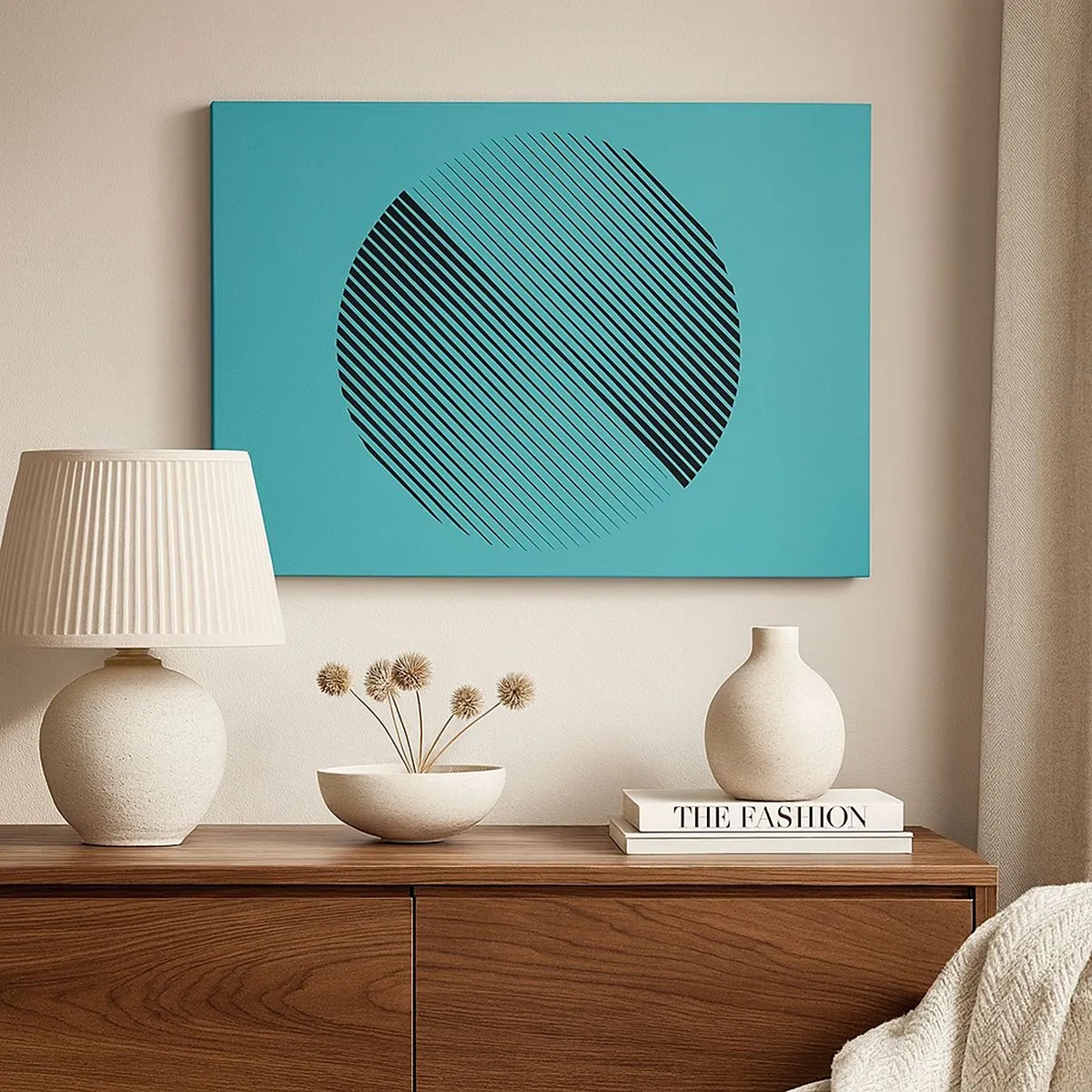 Tablou pe pânză Canvas - Un cerc minimalist cu linii pe un fundal turcoaz. - 70x50cm - Cercul - o variație geometrică - Decorațiune modernă pentru perete pentru living și dormitor ARTTOR