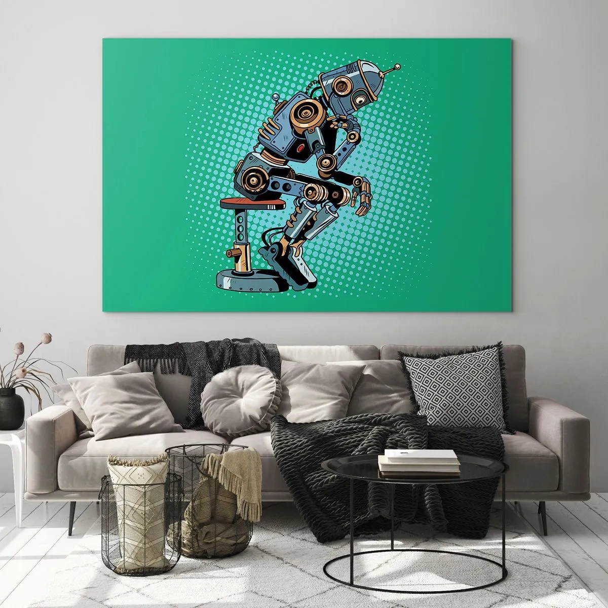 Tablou pe sticlă - Un robot gânditor pe un fundal verde cu model pop art. - 70x50cm - Peste esența ființei - Decorațiune modernă pentru perete pentru living și dormitor ARTTOR