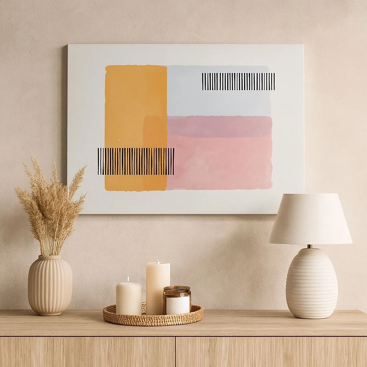 Tablou pe pânză Canvas - Geometrie în culori pastelate cu linii pe un fundal deschis - 70x50cm - Din colț în colț - Decorațiune modernă pentru perete pentru living și dormitor ARTTOR