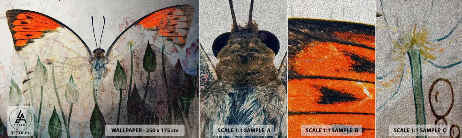 Mostră tapet Premium Sand - Unde fluturele se leagănă pe iarbă - Abstracția, Fluture, Natură - 100x30 cm