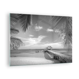 Tablou pe sticlă - Fotografie alb-negru a unei plaje tropicale cu un dig - 70x50cm - O amintire sau un vis? - Decorațiune modernă pentru perete pentru living și dormitor ARTTOR