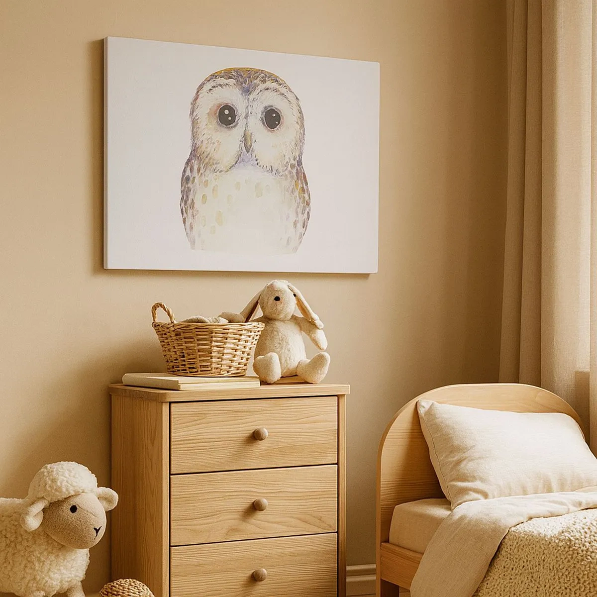 Tablou pe pânză Canvas - Portretul unei bufnițe pe un fundal deschis cu culori delicate - 70x50cm - Uită-te în ochii mei - Decorațiune modernă pentru perete pentru living și dormitor ARTTOR