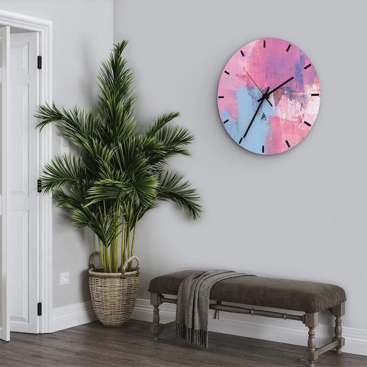 Ceas de perete - Ceas pe sticlă - O compoziție picturală abstractă în nuanțe de roz și albastru. - 30x30cm - Roz, albastru și un strop de lumină - Decorațiune modernă pentru perete pentru living, bucătărie și dormitor ARTTOR