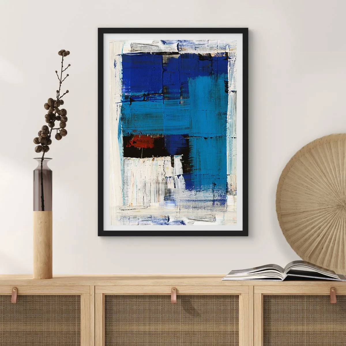 Poster în ramă neagră - Compoziție abstractă în nuanțe de albastru și alb - 50x70cm - Secretul albastru - Decorațiune modernă pentru perete pentru living și dormitor ARTTOR