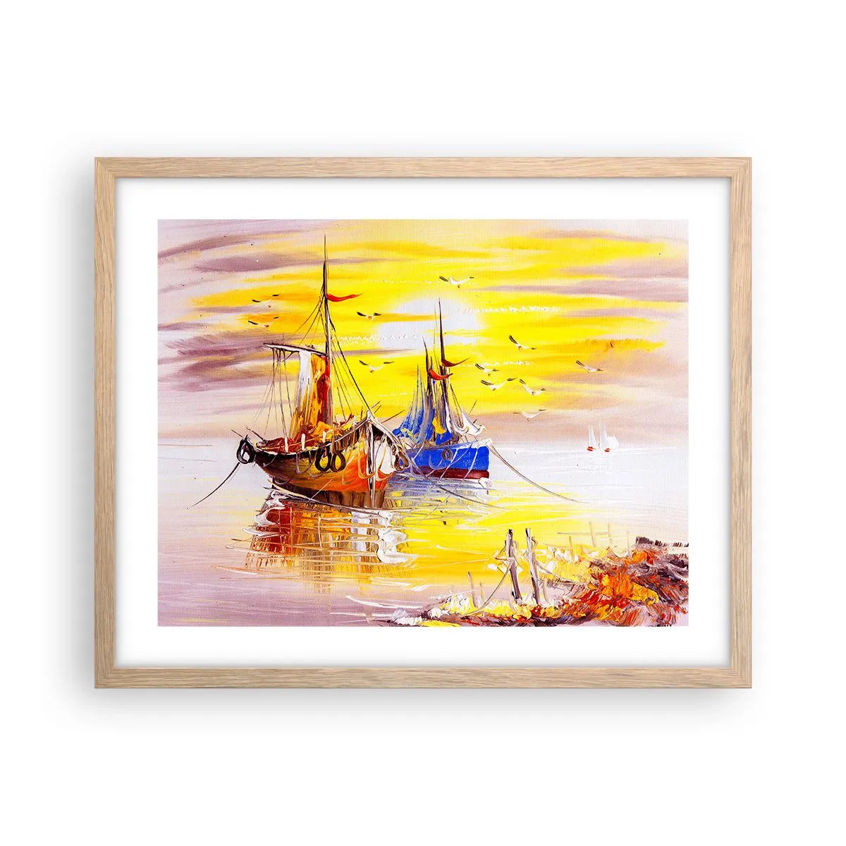 Poster în ramă de stejar deschis - O binemeritată odihnă în port - 50x40 cm