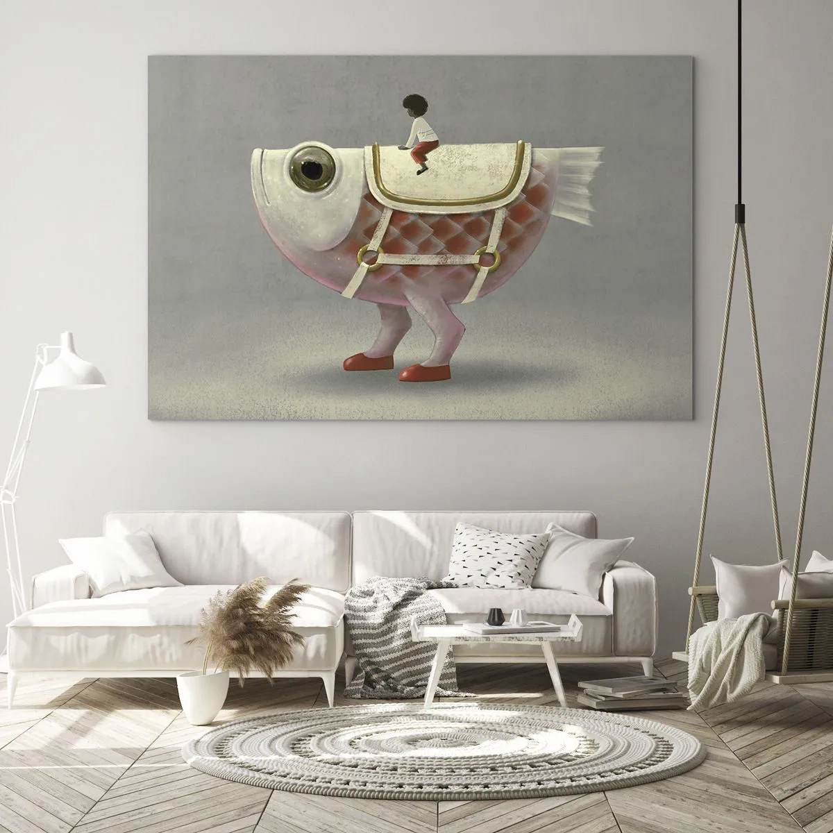 Tablou pe sticlă - O figură călare pe un pește roz cu picioare și o șa - 70x50cm - Călărețul Pescărel - Decorațiune modernă pentru perete pentru living și dormitor ARTTOR