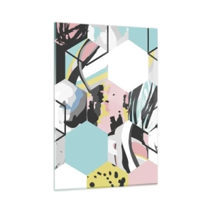 Tablou pe sticlă - Hexagoane și cuburi în șase culori - 80x120 cm