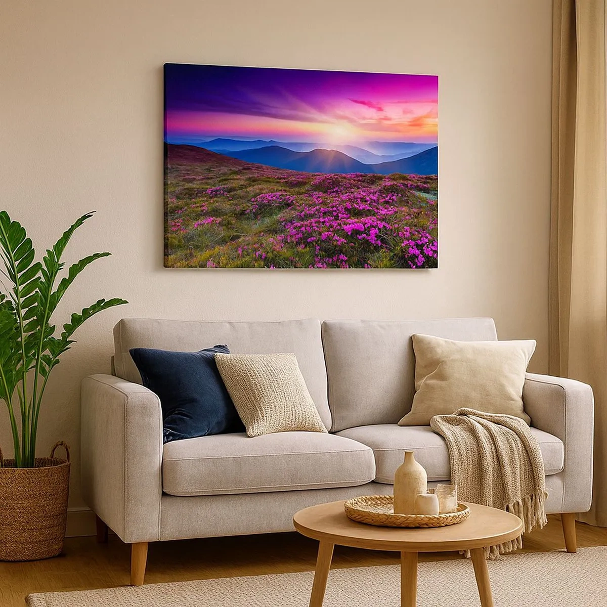 Tablou pe pânză Canvas - Pajiște de munte cu flori la apus - 70x50cm - Ierburile proaspete miroseau puternic - Decorațiune modernă pentru perete pentru living și dormitor ARTTOR