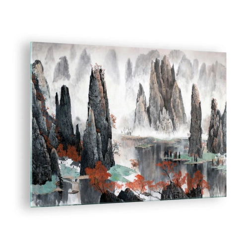 Tablou pe sticlă - Un peisaj montan pitoresc cu vârfuri învăluite în ceață și copaci roșii - 70x50cm - Gardieni puternici - Decorațiune modernă pentru perete pentru living și dormitor ARTTOR