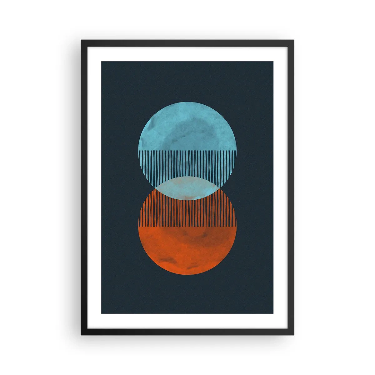 Poster în ramă neagră - Cercuri abstracte în nuanțe de albastru și portocaliu - 50x70cm - Fantezie astronomică - Decorațiune modernă pentru perete pentru living și dormitor ARTTOR