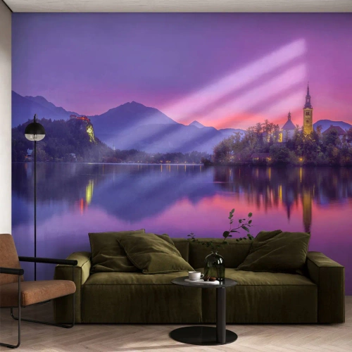 Tapet Premium Sand - Insulă de basm la apus  - Peisaj, Slovenia, Insula Bled - 350x256 cm