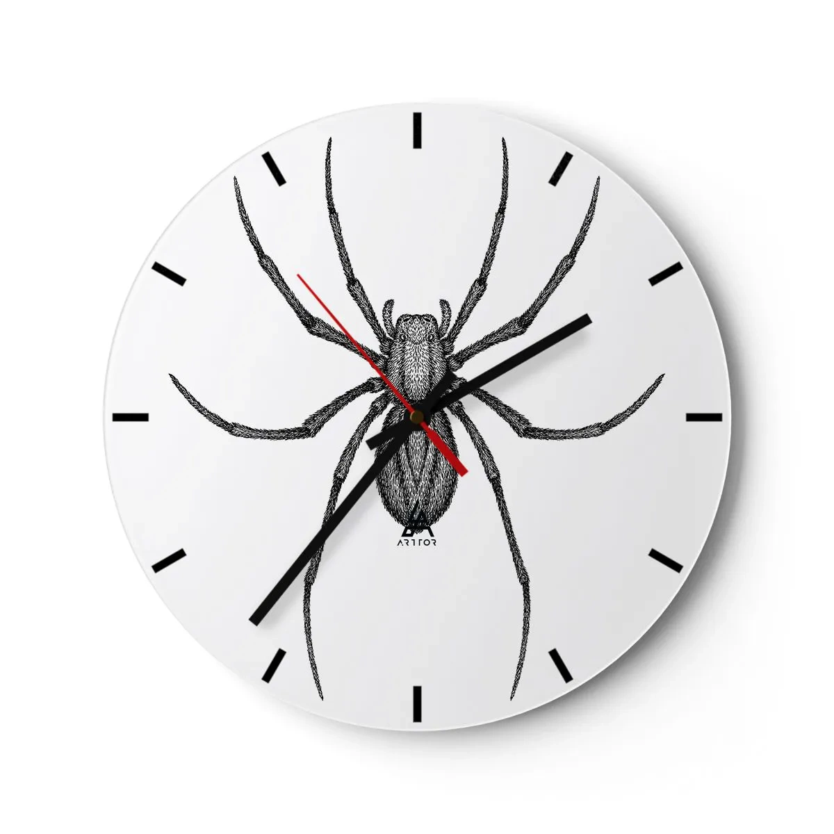Ceas de perete - Ceas pe sticlă - Ilustrație alb-negru a unui păianjen pe fundal alb - 30x30cm - Precizie tulburătoare - Decorațiune modernă pentru perete pentru living, bucătărie și dormitor ARTTOR