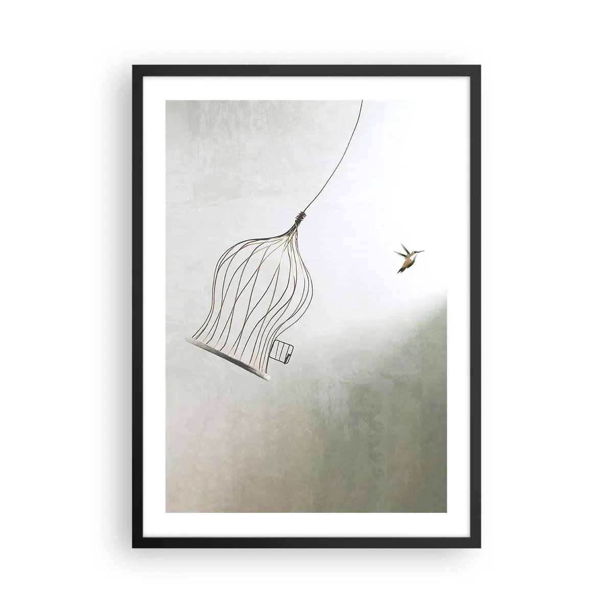 Poster în ramă neagră - O pasăre ieșind din colivia sa într-un stil minimalist. - 50x70cm - Eliberat - Decorațiune modernă pentru perete pentru living și dormitor ARTTOR