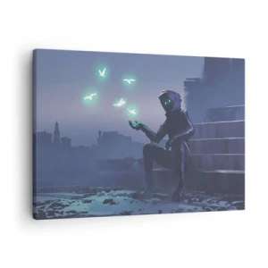 Tablou pe pânză Canvas - O figură cu glugă și păsări magice în fundalul unui oraș - 70x50cm - Viața se va întoarce - Decorațiune modernă pentru perete pentru living și dormitor ARTTOR