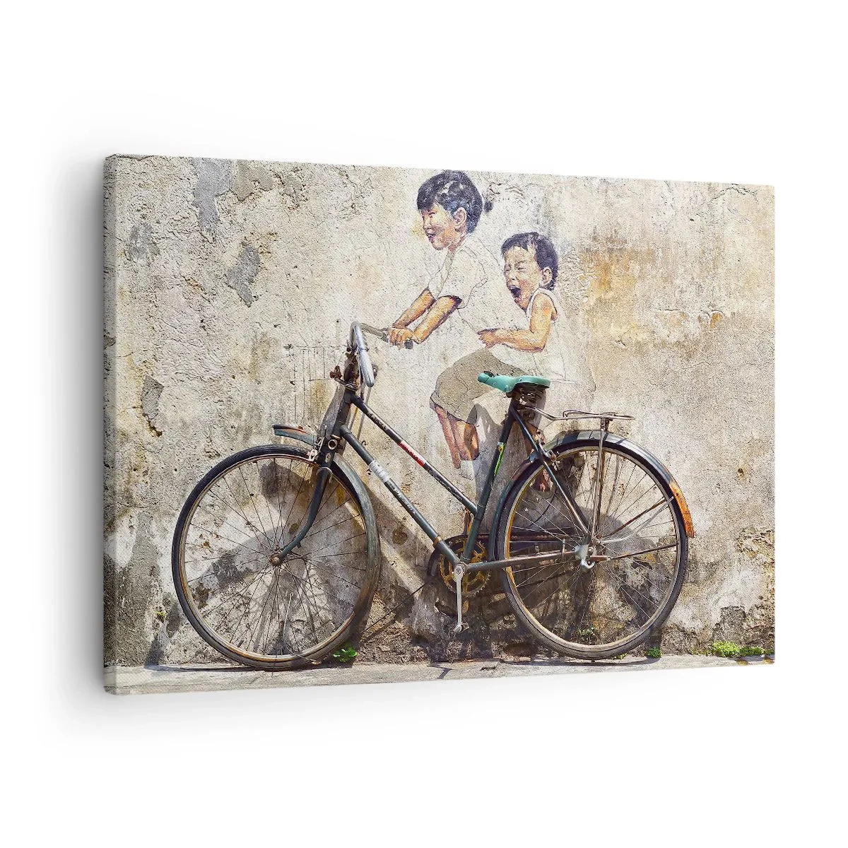Tablou pe pânză Canvas - Artă stradală cu o bicicletă și desene pentru copii pe perete - 70x50cm - Adevărat sau fals? - Decorațiune modernă pentru perete pentru living și dormitor ARTTOR