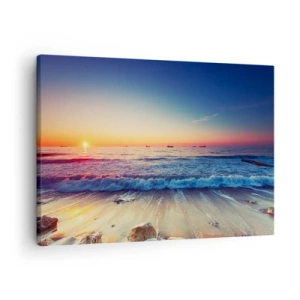 Tablou pe pânză Canvas - Apus de soare peste o mare calmă cu valuri - 70x50cm - Și ce este dincolo de orizont? - Decorațiune modernă pentru perete pentru living și dormitor ARTTOR