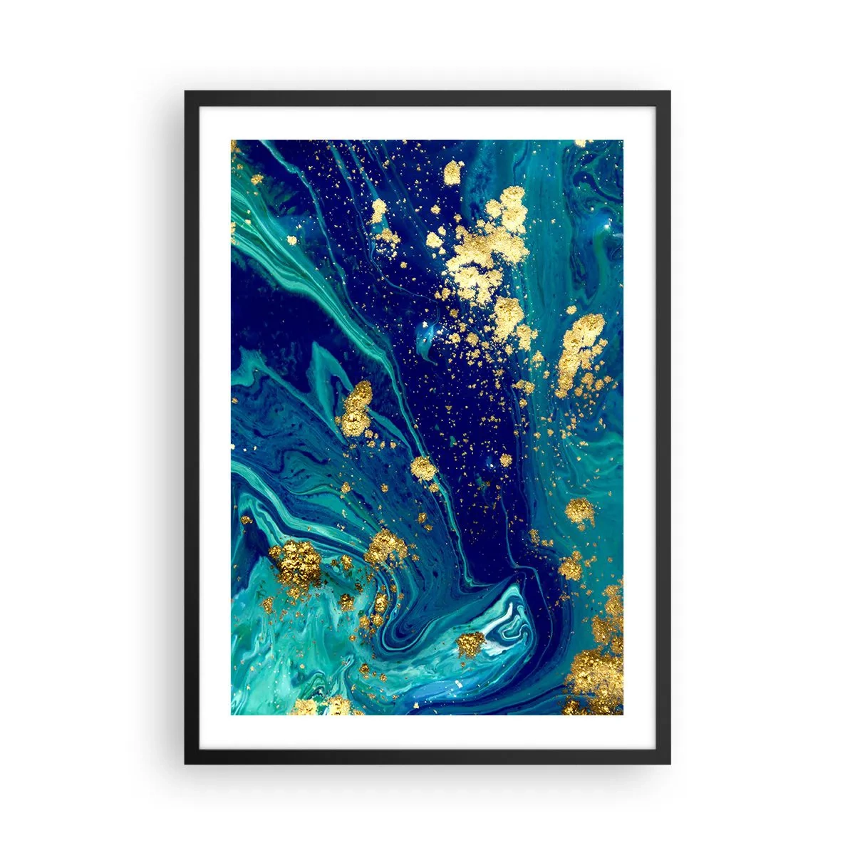 Poster în ramă neagră - Model abstract în nuanțe de albastru și auriu - 50x70cm - Petale de soare - Decorațiune modernă pentru perete pentru living și dormitor ARTTOR