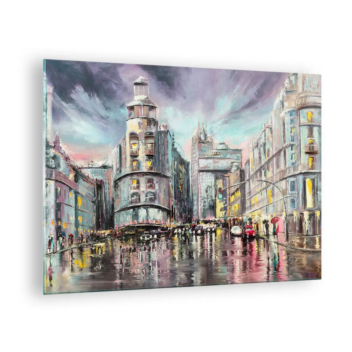 Tablou pe sticlă - O stradă a orașului în ploaie cu o reflexie spectaculoasă a luminilor - 70x50cm - Va fi o seară de succes - Decorațiune modernă pentru perete pentru living și dormitor ARTTOR