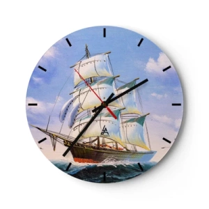 Ceas de perete - Ceas pe sticlă - Bărci cu pânze pictate pe o mare furtunoasă sub un cer albastru - 30x30cm - Cu mândrie în vânt - Decorațiune modernă pentru perete pentru living, bucătărie și dormitor ARTTOR