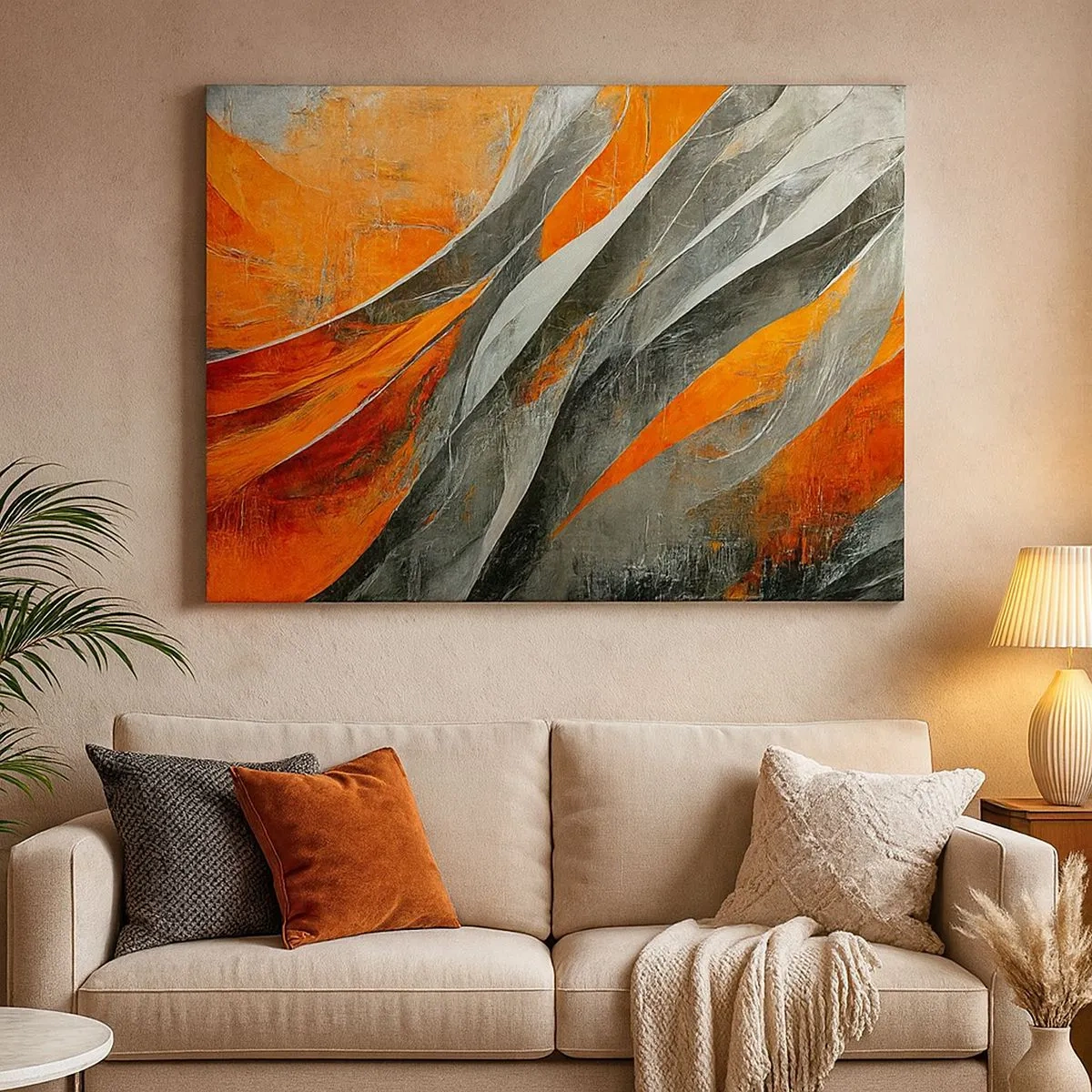 Tablou pe pânză Canvas - Linii abstracte în nuanțe de portocaliu și gri - 70x50cm - Căldură și frig - Decorațiune modernă pentru perete pentru living și dormitor ARTTOR