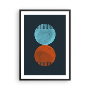 Poster în ramă neagră - Două cercuri – albastru și portocaliu pe un fundal bleumarin - 50x70cm - Doar geometrie? - Decorațiune modernă pentru perete pentru living și dormitor ARTTOR