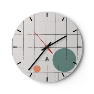 Ceas de perete - Ceas pe sticlă - O grilă de verticale și orizontale cu cercuri colorate pe fundal - 30x30cm - În capcană. Noi sau ele? - Decorațiune modernă pentru perete pentru living, bucătărie și dormitor ARTTOR