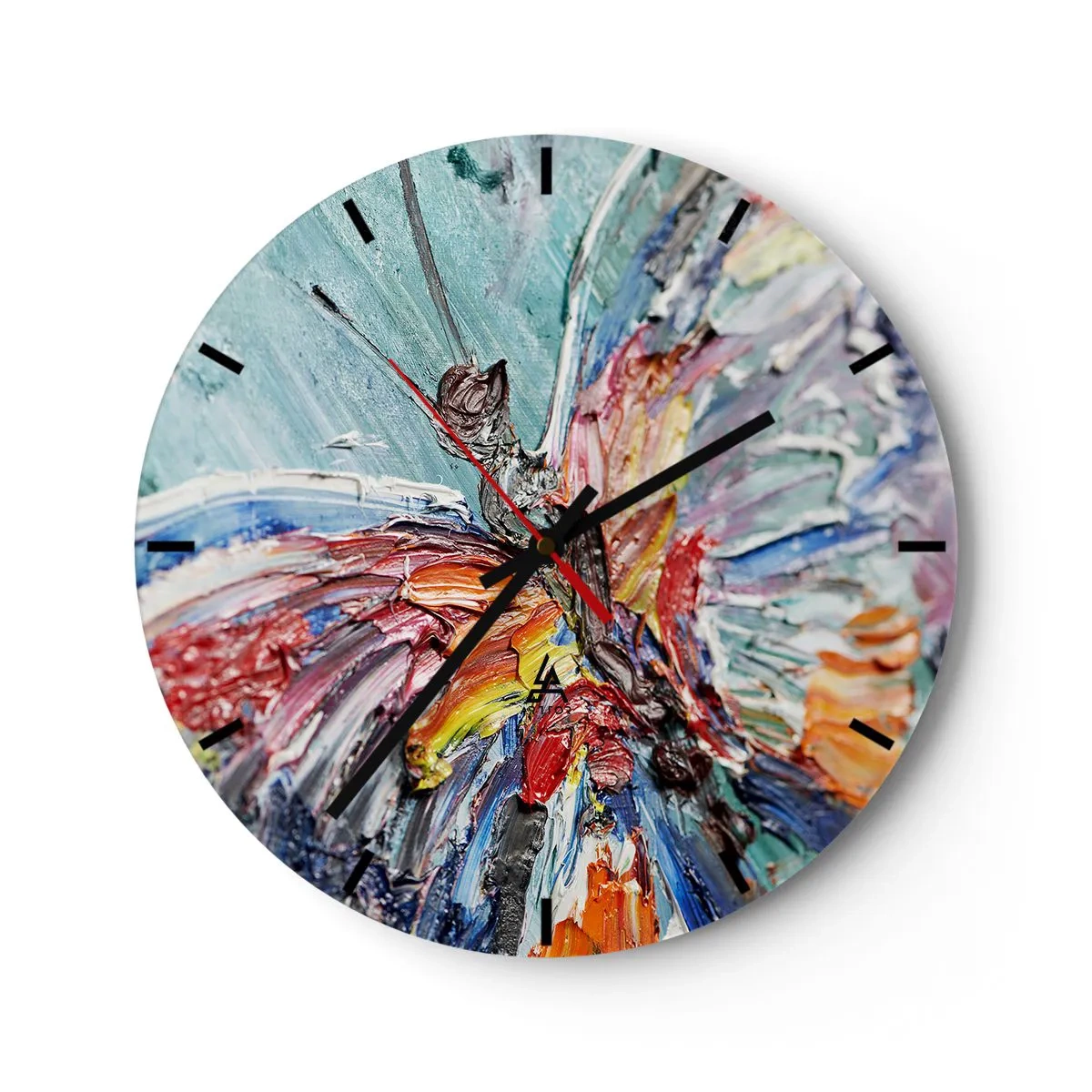 Ceas de perete - Ceas pe sticlă - Un cadran de ceas cu motiv abstract de fluture în culori intense. - 30x30cm - Pictat de natura - Decorațiune modernă pentru perete pentru living, bucătărie și dormitor ARTTOR