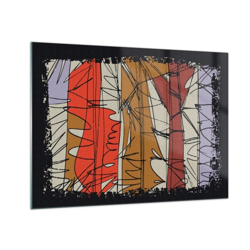 Tablou pe sticlă - Abstracție grafică cu dungi colorate și linii negre - 70x50cm - Compoziție spontană - Decorațiune modernă pentru perete pentru living și dormitor ARTTOR