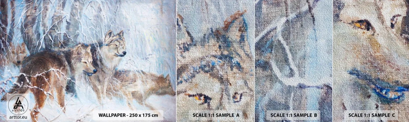 Mostră tapet Premium Sand - Atenție! Vine... - Animale, Lupii, pădure - 100x30 cm