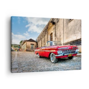Tablou pe pânză Canvas - Mașină clasică roșie pe o stradă pietruită - 70x50cm - Emoții cubaneze - Decorațiune modernă pentru perete pentru living și dormitor ARTTOR