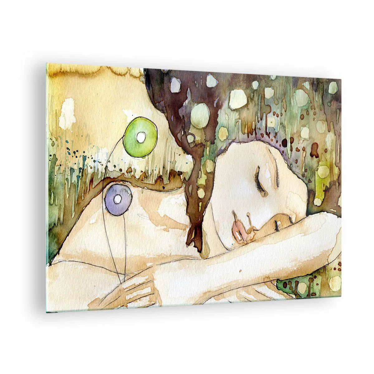 Tablou pe sticlă - O femeie adormită într-o pictură artistică în acuarelă în culori calde. - 70x50cm - Visul violet smarald - Decorațiune modernă pentru perete pentru living și dormitor ARTTOR