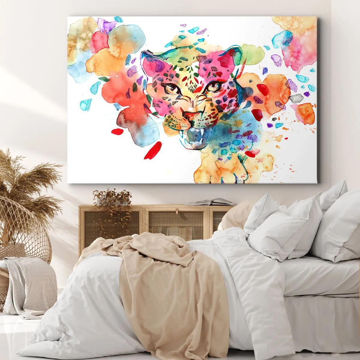 Tablou pe pânză Canvas - Portret abstract al unui leopard în culori intense - 70x50cm - Frumoasa și bestia - Decorațiune modernă pentru perete pentru living și dormitor ARTTOR