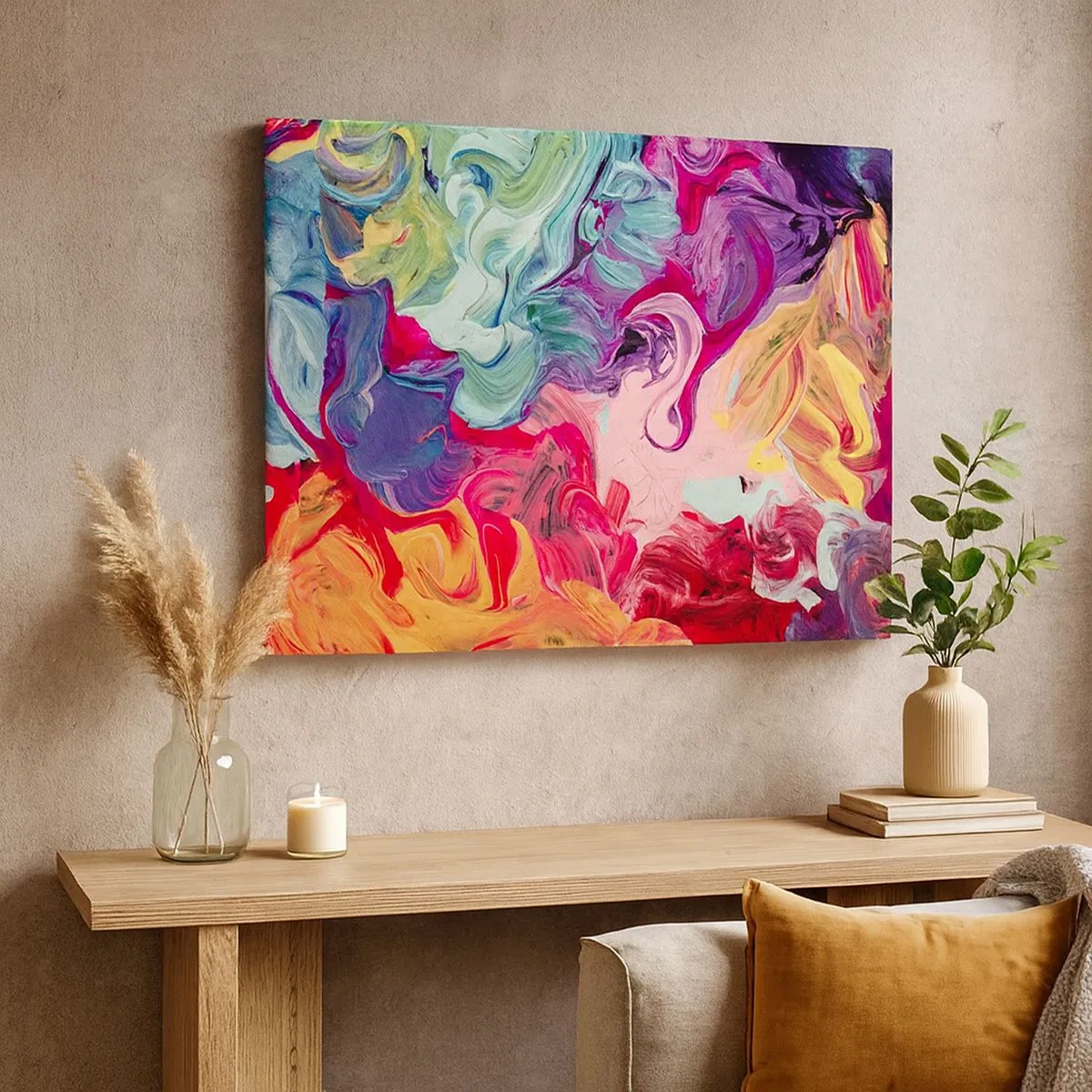 Tablou pe pânză Canvas - O compoziție abstractă cu culori vibrante, învolburate și o structură dinamică. - 70x50cm - Nașterea culorii - Decorațiune modernă pentru perete pentru living și dormitor ARTTOR