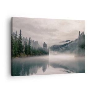 Tablou pe pânză Canvas - O pădure învăluită în ceață reflectată într-un lac liniștit - 70x50cm - În reverie, în ceață - Decorațiune modernă pentru perete pentru living și dormitor ARTTOR