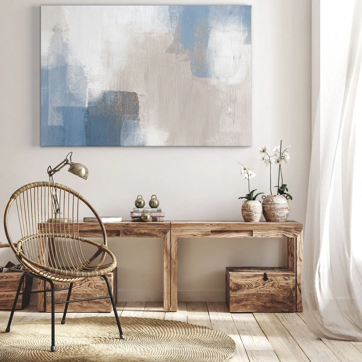 Tablou pe pânză Canvas - Forme abstracte în nuanțe de albastru și bej - 70x50cm - Abstracție roz în spatele unui voal de albastru - Decorațiune modernă pentru perete pentru living și dormitor ARTTOR