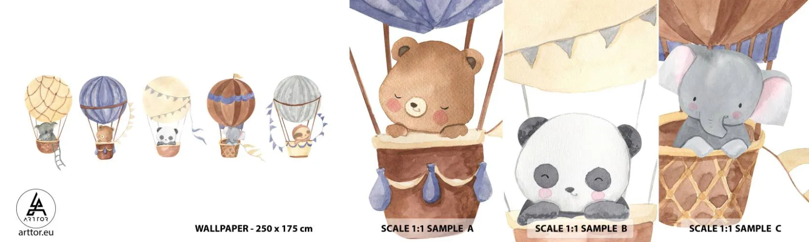 Mostră de Tapet Standard Eco - Prieteni de călătorie - baloane, Animale, Pentru copii - 100x30 cm