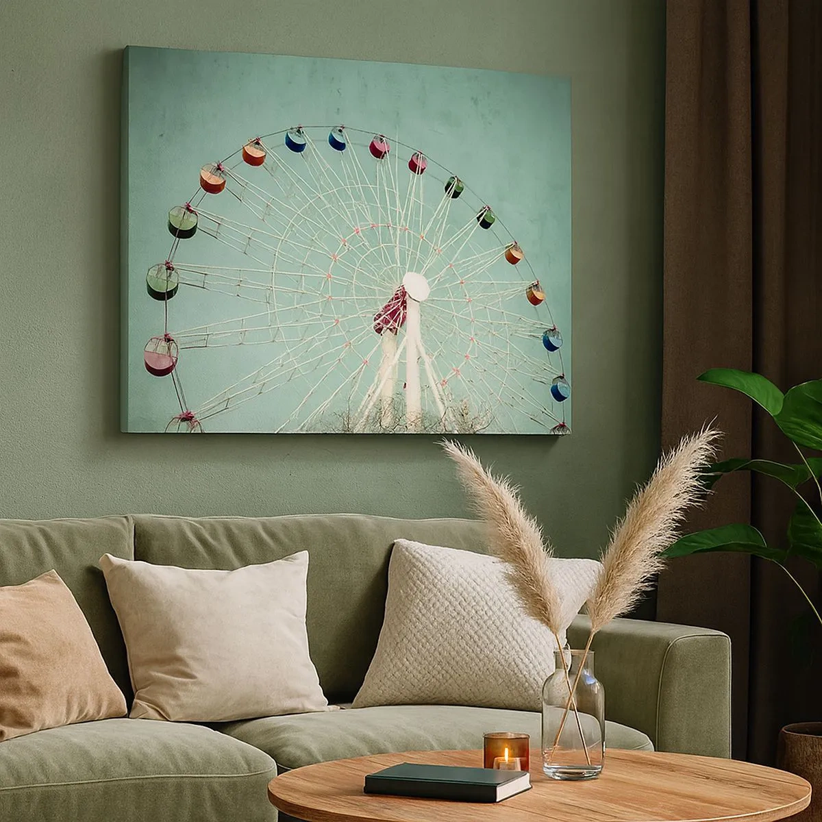 Tablou pe pânză Canvas - roată Ferris colorată pe un cer albastru, în stil retro - 70x50cm - Poftim la joacă - Decorațiune modernă pentru perete pentru living și dormitor ARTTOR