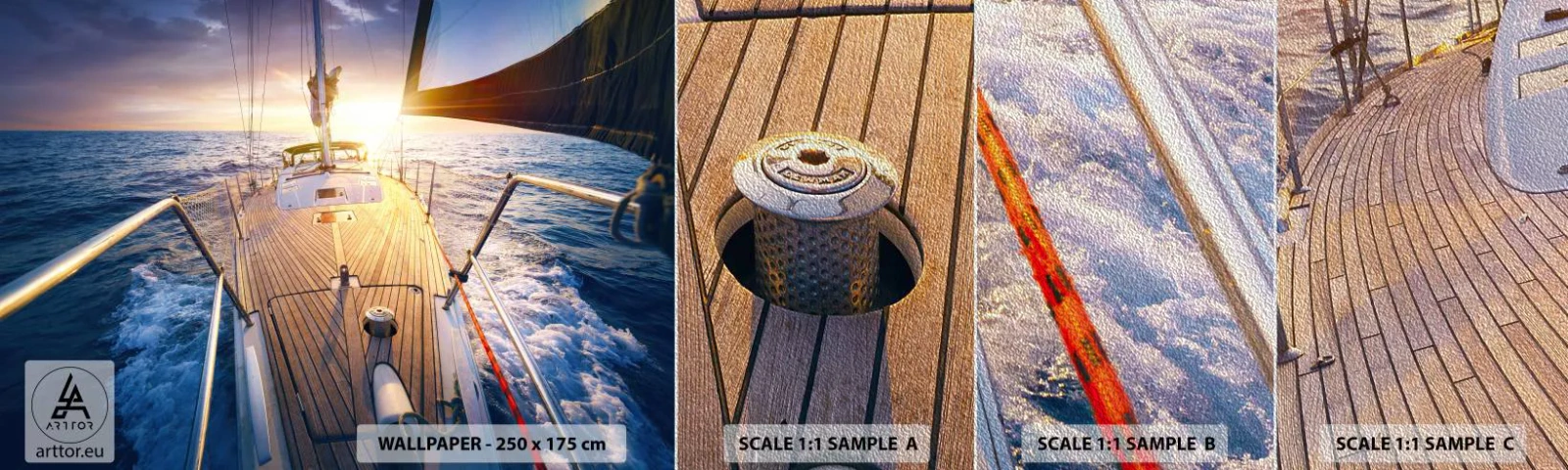 Mostră tapet Premium Sand - Alergând pe valuri - Yacht cu vele, Mare, navigație - 100x30 cm