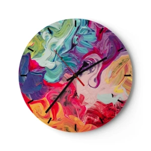 Ceas de perete - Ceas pe sticlă - Un amestec abstract de culori în nuanțe intense - 30x30cm - Nașterea culorii - Decorațiune modernă pentru perete pentru living, bucătărie și dormitor ARTTOR