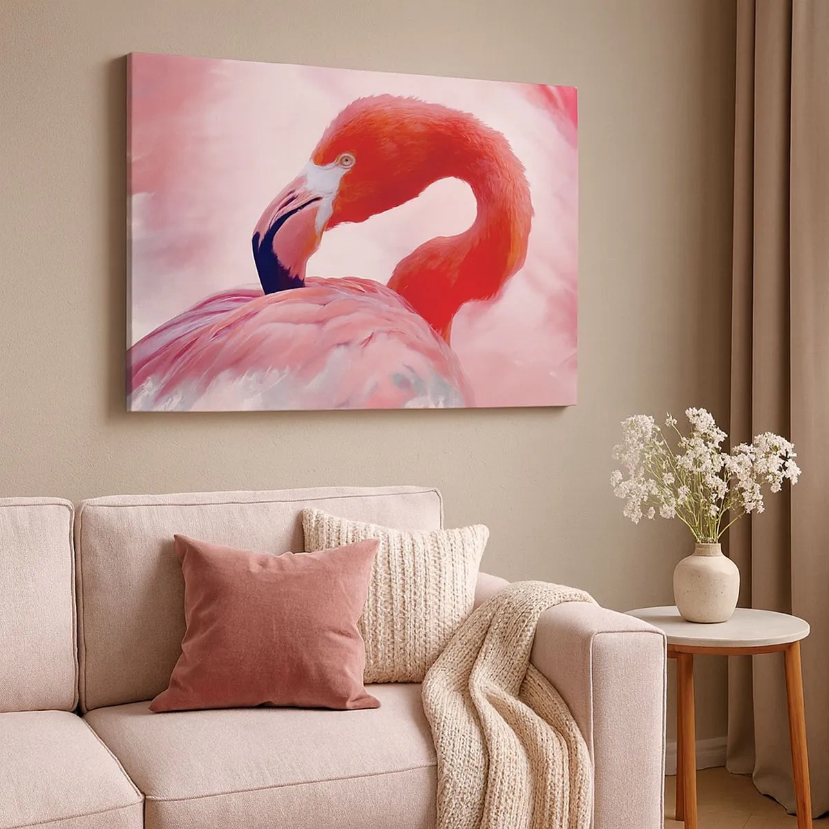 Tablou pe pânză Canvas - Un flamingo în tonuri de roz pe un fundal deschis - 70x50cm - Frumusețea păsărilor - Decorațiune modernă pentru perete pentru living și dormitor ARTTOR