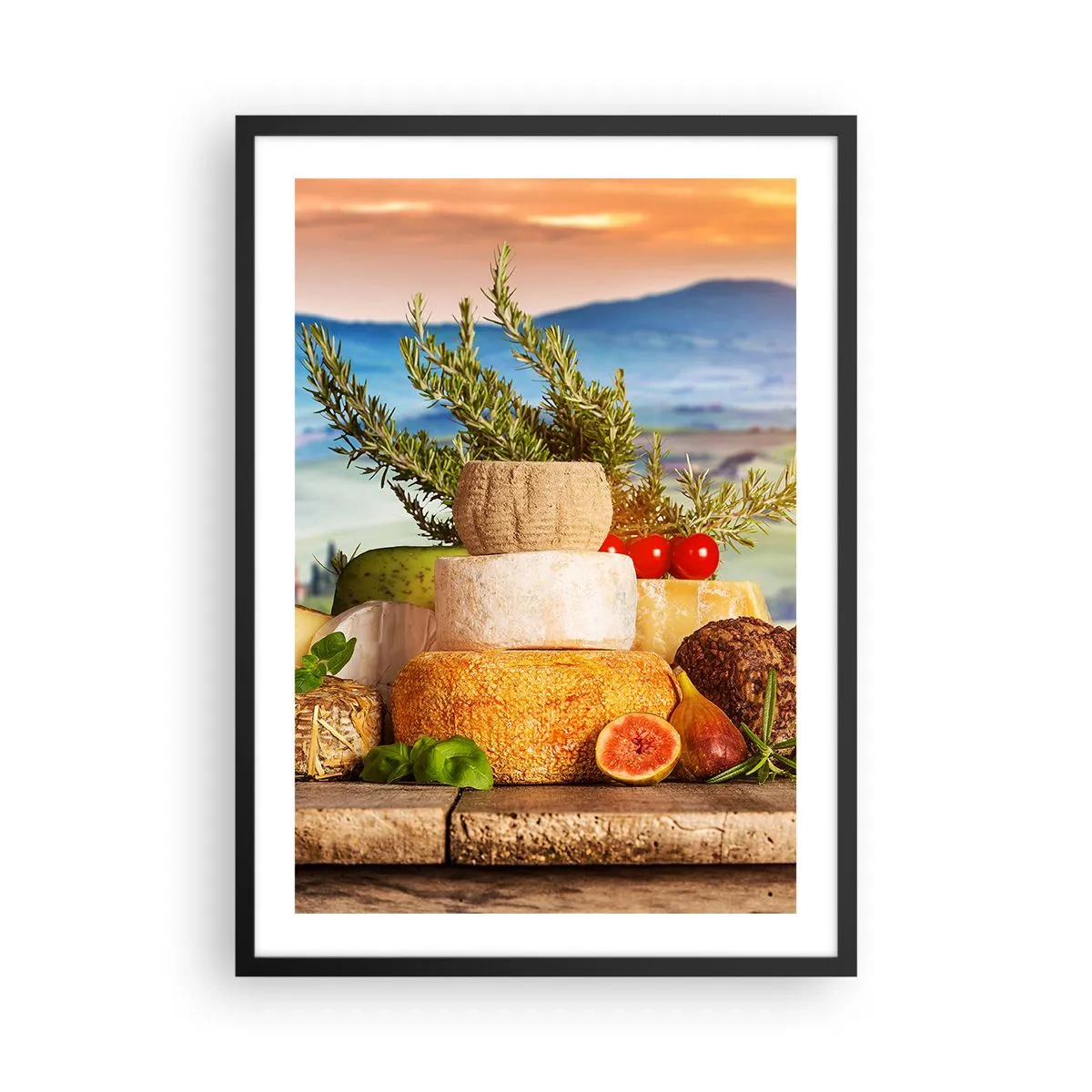 Poster în ramă neagră - Stivă rustică de brânzeturi pe fundalul unui peisaj - 50x70cm - Bucurie de viață în stil italian - Decorațiune modernă pentru perete pentru living și dormitor ARTTOR