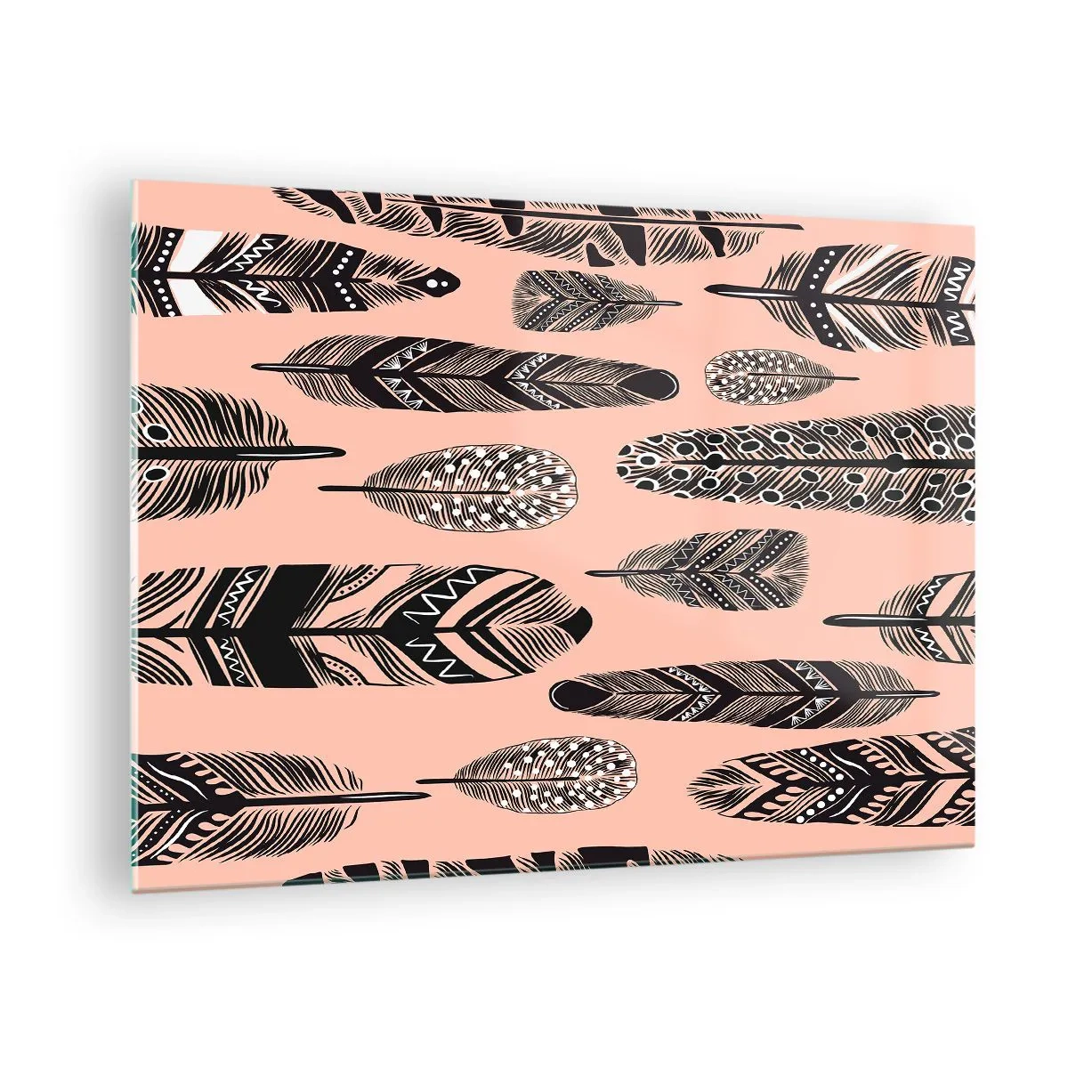 Tablou pe sticlă - Pene decorative cu modele alb-negru pe fundal roz - 70x50cm - Colecție indiană - Decorațiune modernă pentru perete pentru living și dormitor ARTTOR