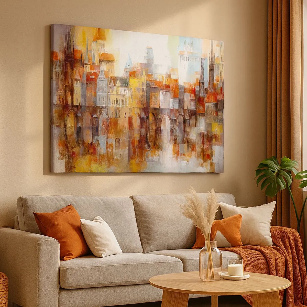 Tablou pe pânză Canvas - O panoramă pitorească a orașului cu un pod în culorile toamnei - 70x50cm - Frumos și sub pod - Decorațiune modernă pentru perete pentru living și dormitor ARTTOR
