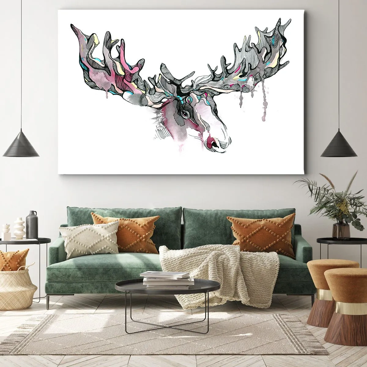 Tablou pe pânză Canvas - Acuarelă artistică a unui elan cu coarne bogate - 70x50cm - Coroana regelui pădurii - Decorațiune modernă pentru perete pentru living și dormitor ARTTOR
