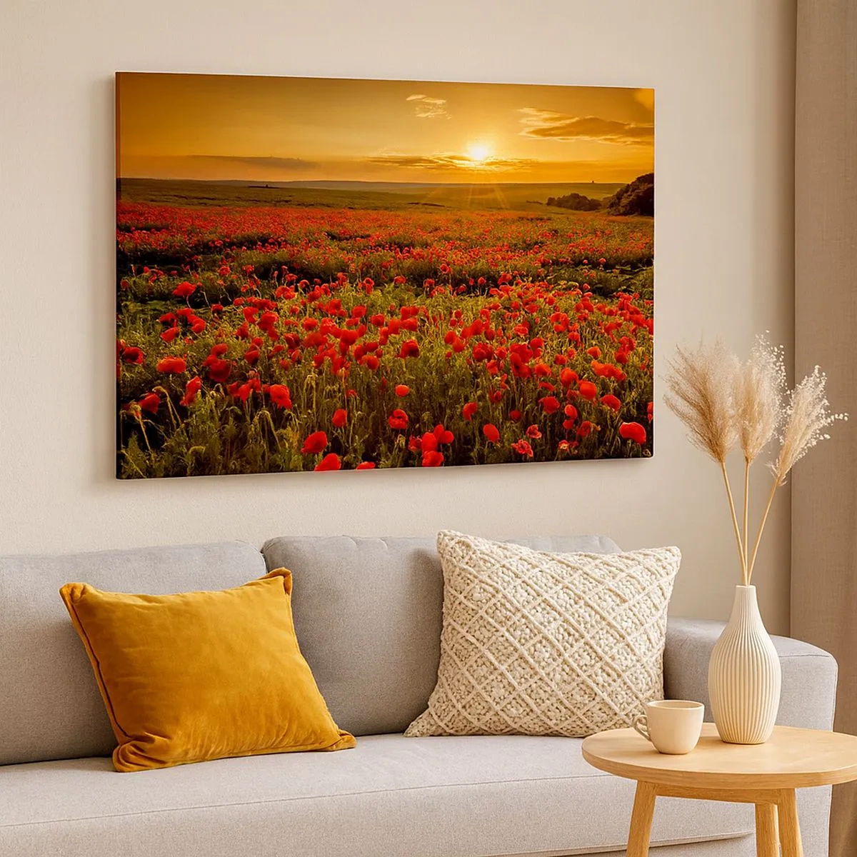 Tablou pe pânză Canvas - Un câmp de maci roșii în strălucirea soarelui care apune - 70x50cm - Printre valuri de pajiști care zumzăie, printre potop de flori - Decorațiune modernă pentru perete pentru living și dormitor ARTTOR